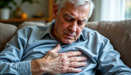Elderly man sitting on couch with hand on chest showing discomfort and pain, expressing concern and fatigue in home setting