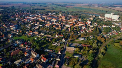 Aerial panoramic view around the old town of the city Pasewalk on a sunny morning in summer in...