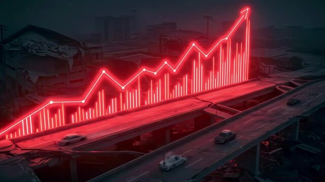 Futuristic urban landscape with glowing red graph symbolizing growth amidst a post-apocalyptic setting