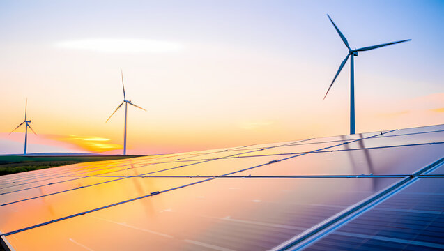 Sustainable Future: Solar Panels and Wind Turbines at Sunset for Clean Energy