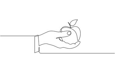 Continuous one line drawing of hand holding apple fruit. Simple apple fruit on hand line art, One continuous line illustration of apple in hands. Continuous line drawing of apple in hand editable.