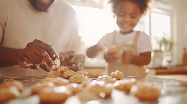 Father and daughter enjoy baking cookies together in a bright kitchen during a joyful afternoon activity
