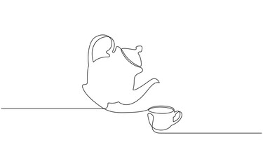 Teapot and tea cup vector one line continuous drawing illustration. Pouring drink. Teapot pouring tea to the cup in continuous one line drawing. Single line art draw of Teapot. Editable vector.