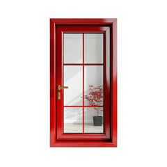 Obraz premium Modern Red Door with Glass Panels, Featuring Potted Plant and Bright Interior Design, Inviting Home Entrance Concepttransparent background transparent background