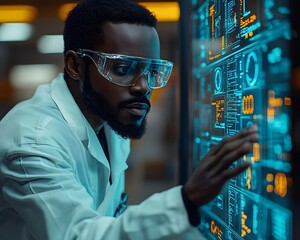 Scientist programming an sentiment detection algorithm in a high tech lab