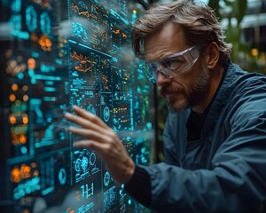 Scientist programming an sentiment detection algorithm on a futuristic transparent touch screen