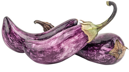 Plump purple eggplant with smooth skin and curved stem, Transparent background, PNG file