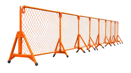 Portable safety barrier fence with orange mesh, crowd control or hazard marking, Transparent background, PNG file