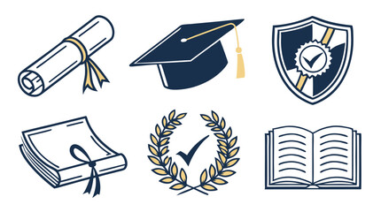 Graduation and Education Icons Set — Diploma, Cap, Book, Tassel, Shield, Wreath, Ribbon
