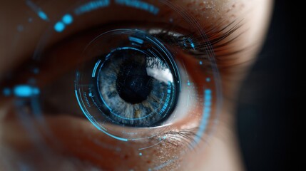 Futuristic close-up of a human eye with glowing HUD interface elements and digital overlays representing augmented vision, high-tech biometrics and cybernetic scanning systems