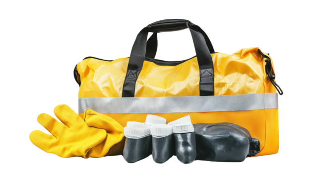 Portable spill response kit bag with absorbents and gloves, industrial safety, Transparent background, PNG file