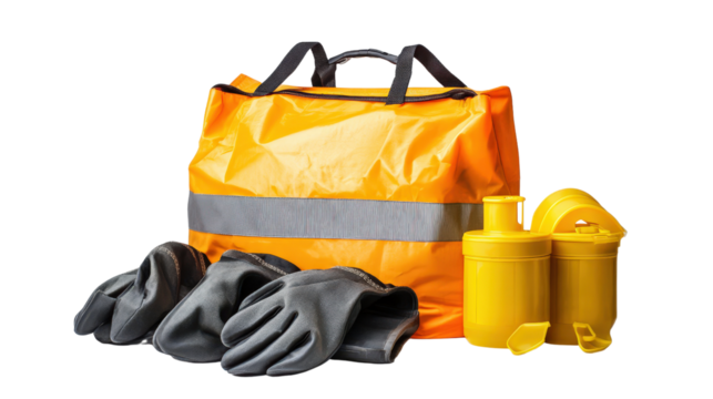 Portable spill response kit bag with absorbents and gloves, industrial safety, Transparent background, PNG file