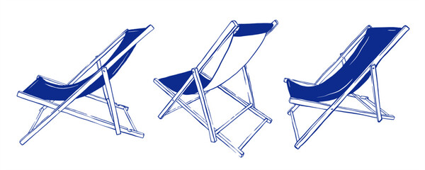 Beach chair hand drawn sketches set vector illustration. Outdoor folding furniture collection for patio, pool and deck. Summer vibe aesthetic drawing.