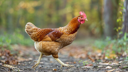Fototapeta premium chicken walking with its head in a forward motion blur effect, demonstrating the unique head-stabilizing movement, side view, detailed feathers, natural lighting, barnyard background