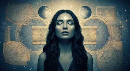 Surreal Artwork of a Woman with Moon-Eclipsed Eyes and Astrological Scrolls