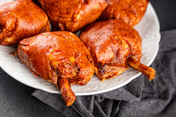 Knuckle smoked meat cooked ham roulka fresh shank delicious gourmet food background on the table rustic food top view copy space