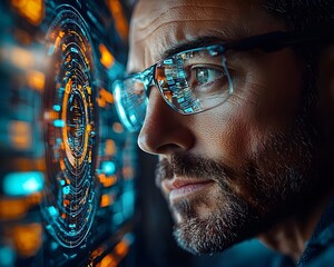 Businessman with a futuristic smart glass interface scanning financial documents for suspicious activities