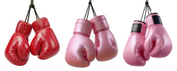 Red and pink boxing gloves hanging in pairs