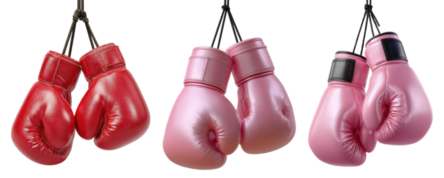 Red and pink boxing gloves hanging in pairs