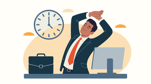 businessman stretching at his desk by a clock, vector illustration for the end of the workday, work-life balance and office stress relief - Powered by Adobe