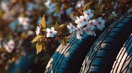 High-quality photo of summer car tires in the blooming spring in the sun, time for summer tires.