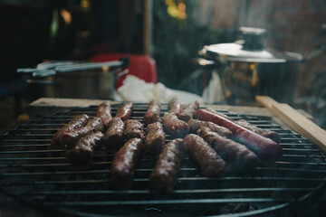 Kebabs and sausages on the grill