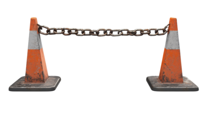 Safety chain barrier with weighted base, used to block access in hazardous zones, Transparent background, PNG file