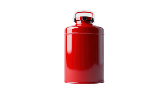 Safety canister for flammable liquid storage, red metal with spill-proof cap, Transparent background, PNG file