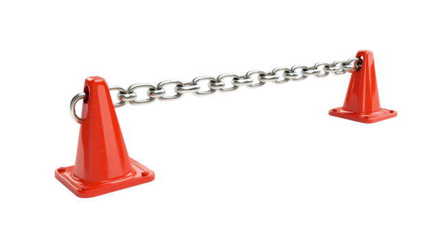 Safety chain barrier with weighted base, used to block access in hazardous zones, Transparent background, PNG file