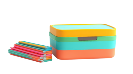 School lunchbox next to stack of school supplies, Transparent background, PNG file