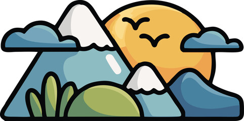 Nature landscape vector illustration with mountain trees river and sunrise scene in minimal style