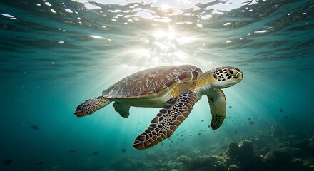 Sea turtle swimming gracefully underwater, illuminated by sunlight filtering through the surface.