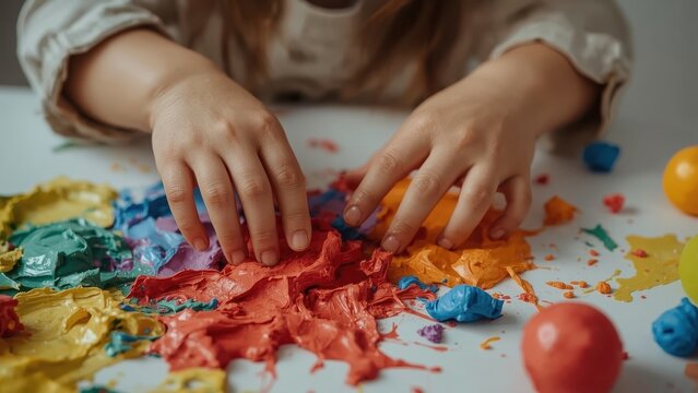 Autism diagnosis Highly sensitive person Reparenting Chromie squiggle stimming Sketch ai WeeCare kingart Lovevery Mushie Child hands mixing colorful play dough, creative activity