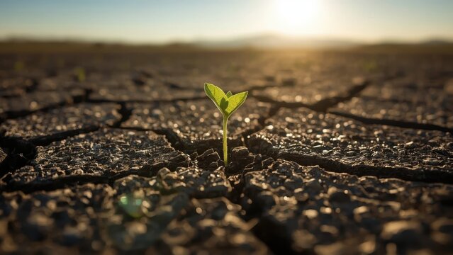 Sprout growing. Dry ground. Sunrise background. Green leaves. Fragile plant. Cracked soil. New life. Hope concept. Environmental growth. Nature resilience. Agriculture theme. Drought recovery. Eco aw