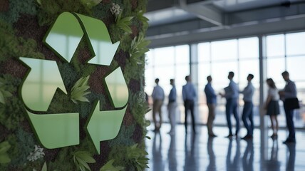 Green recycle symbol icon sign with professional environment background to represent sustainability and recycling or sorting of waste at office and for working people