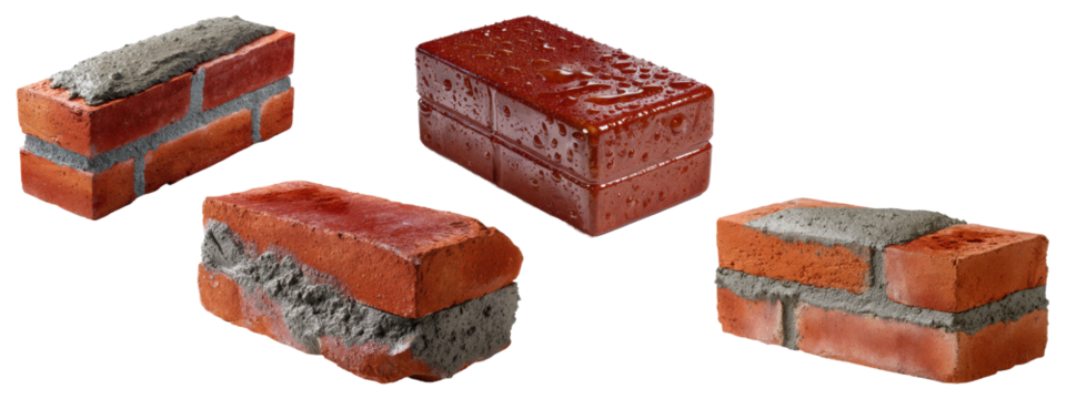 Red bricks with rough mortar and water droplets in various textures
