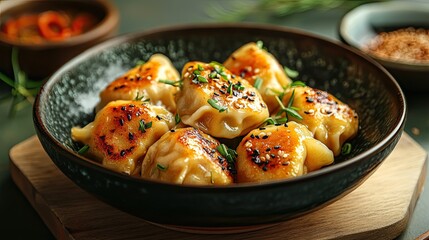 Orange dumplings served in bowl, offering vibrant culinary experience