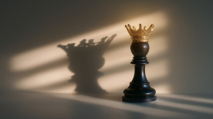 Black and gold chess piece with crown standing on clean grey surface. Light creates striking shadows. Concept of strategy, elegance, game design, home decor