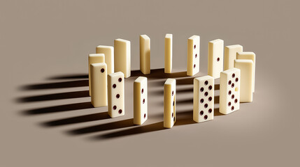 Dominoes set in a circular arrangement, creating unique shadow patterns on a beige surface. Concept of game nights, strategic thinking, casual gatherings