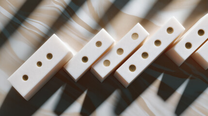 Dominoes lined up showing number patterns while casting intriguing shadows on a textured surface. Warm lighting creates a captivating atmosphere