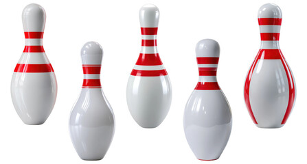 Individual bowling pins with red stripe variations in glossy finish