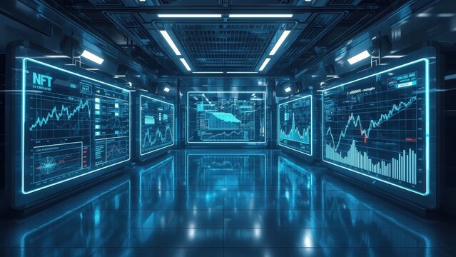 Futuristic interface. Futuristic digital NFT blue data graphs screens