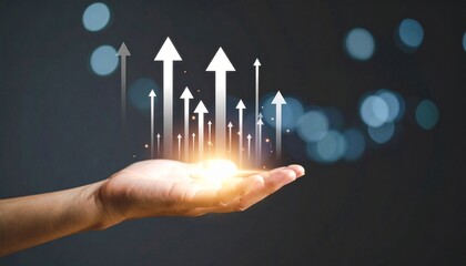 Growth visualization of an arrow growing above a hand, floating in a three-dimensional line