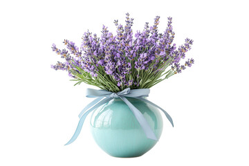 Teal ceramic vase filled with a lush bouquet of purple lavender flowers tied with a light... isolated on a transparent background