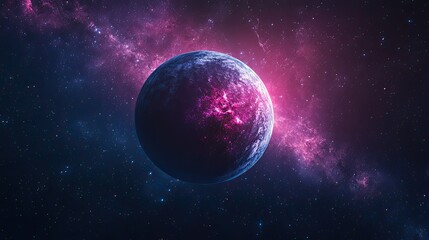 Obraz premium Outer space planet scene with glowing celestial body, dark galaxy background, and sci-fi cosmic atmosphere