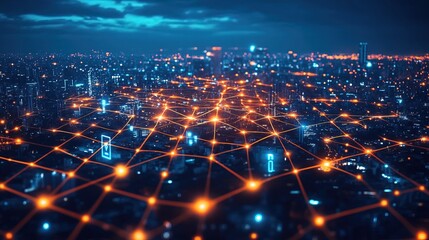 Obraz premium Futuristic Glowing Network Over Dark Cityscape Connecting Buildings and Data