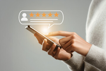Customer review satisfaction feedback survey,five-star rating concept, Close-up of woman using smartphone, user feedback, and digital reputation management. generative ai