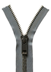 Close up of a black leather zipper with metal teeth and slider isolated on transparent background