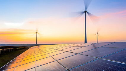 Sustainable Future: Solar Panels & Wind Turbines at Sunset, Harnessing Clean Renewable Energy