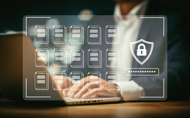 Businessman typing on laptop with virtual interface showing document files, lock shield, and password bar representing cybersecurity, identity protection, and secure data access. generative ai